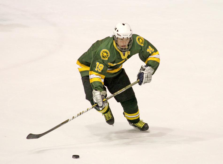 ice hockey player with a puck and a stick on ice at the game