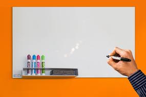 Mockup, background, male hand with marker at blank Whiteboard