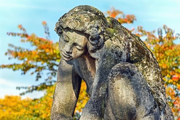 stone, art, blue sky, sculpture, statue, leaf, tree, marble