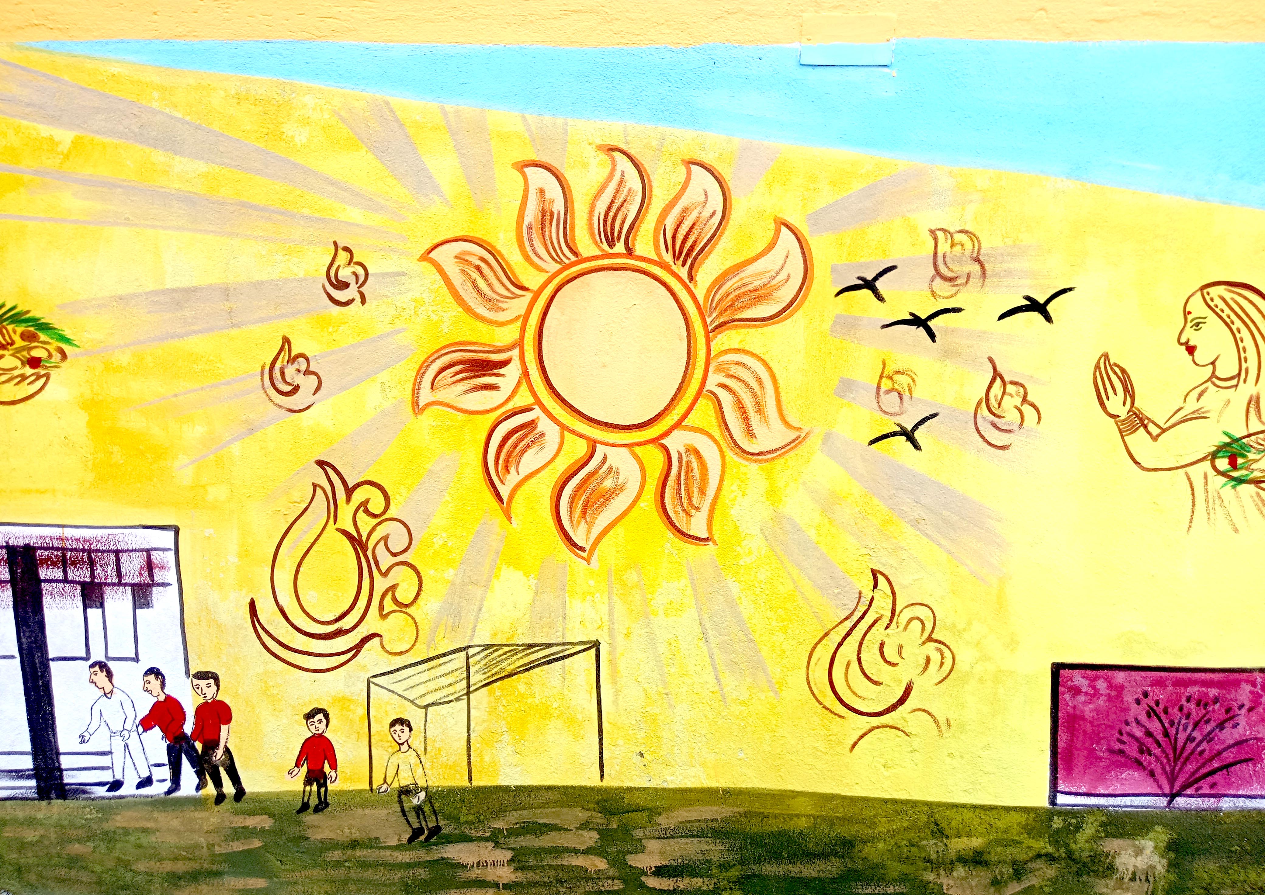 beautifull sun painting on wall with park and people