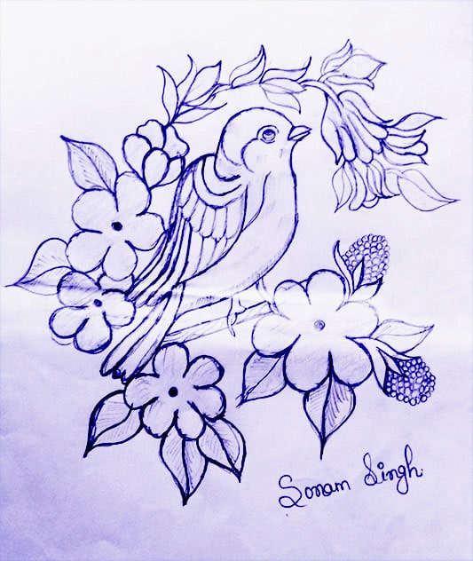 bird with flower and leaf drawing