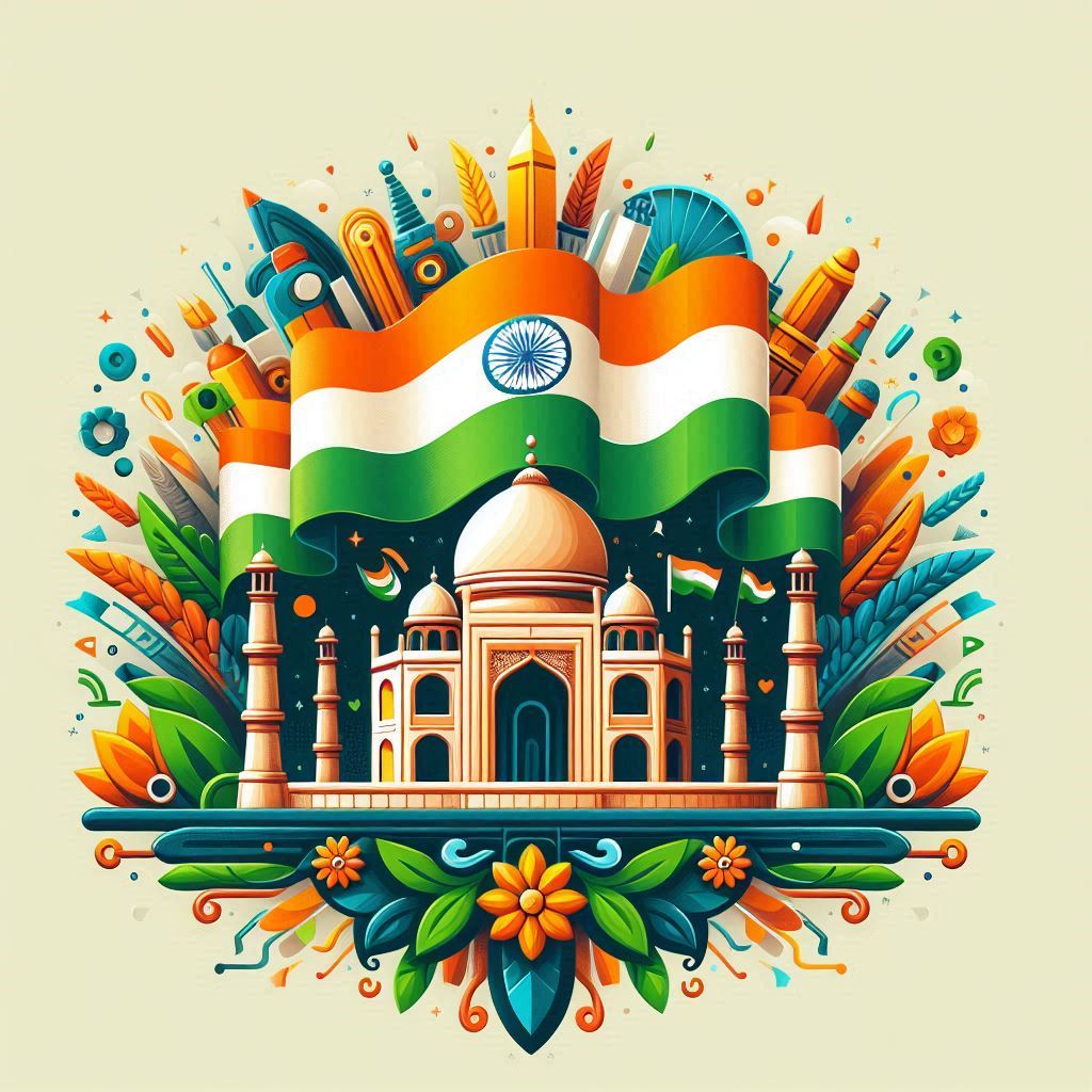 indian flag and flower with tajmahal