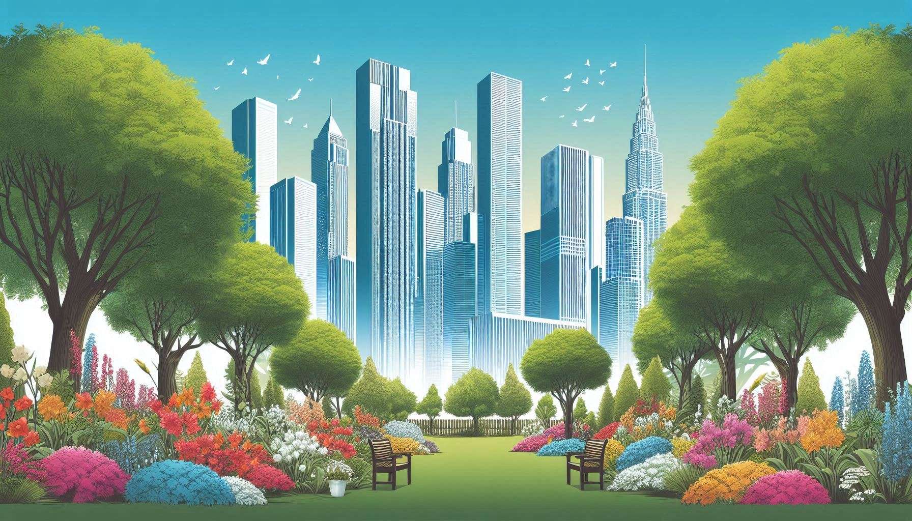 tranquil garden with colorful flowers and trees against a backdrop of tall skyscrapers