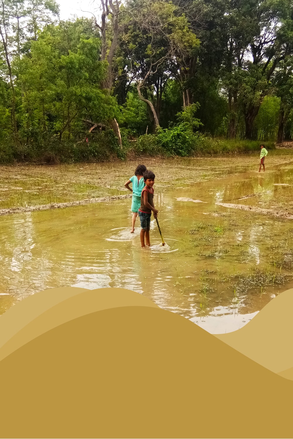 village life agricalture land and play indian poor boy in rain water photoshop editing picture