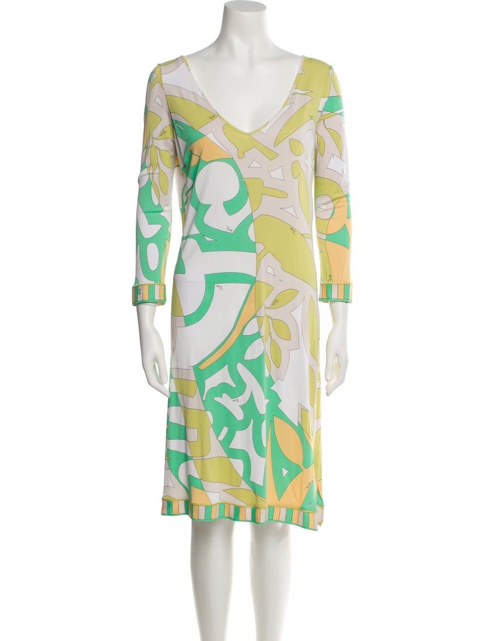 Emilio Pucci Shift Dress Green Printed Three-Quar… - image 1