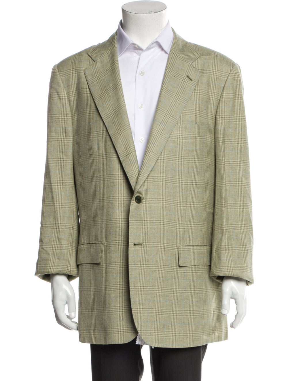 Kiton Linen Blazer Green Plaid Print Notched Lape… - image 1