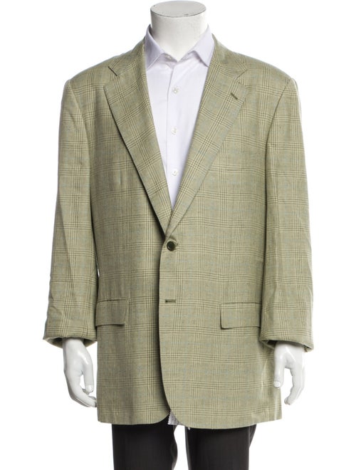 Kiton Linen Blazer Green Plaid Print Notched Lape… - image 1