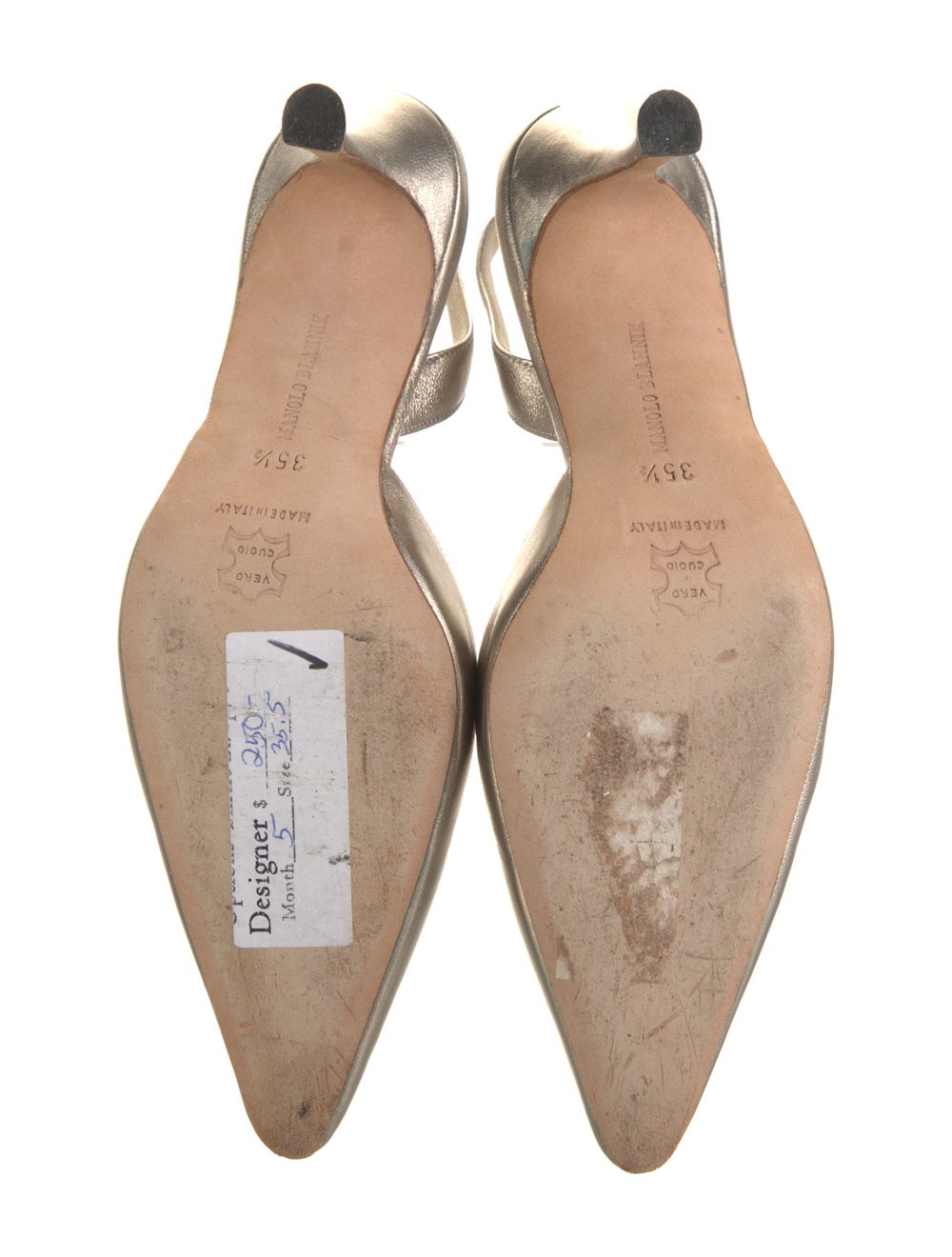 Manolo Blahnik Leather Slingback Pumps Gold & Met… - image 5