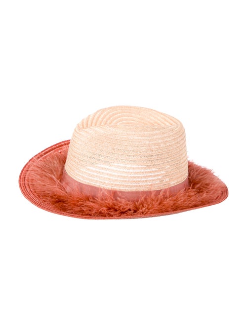 Pink straw Eugenia Kim hat with grosgrain and fea… - image 1