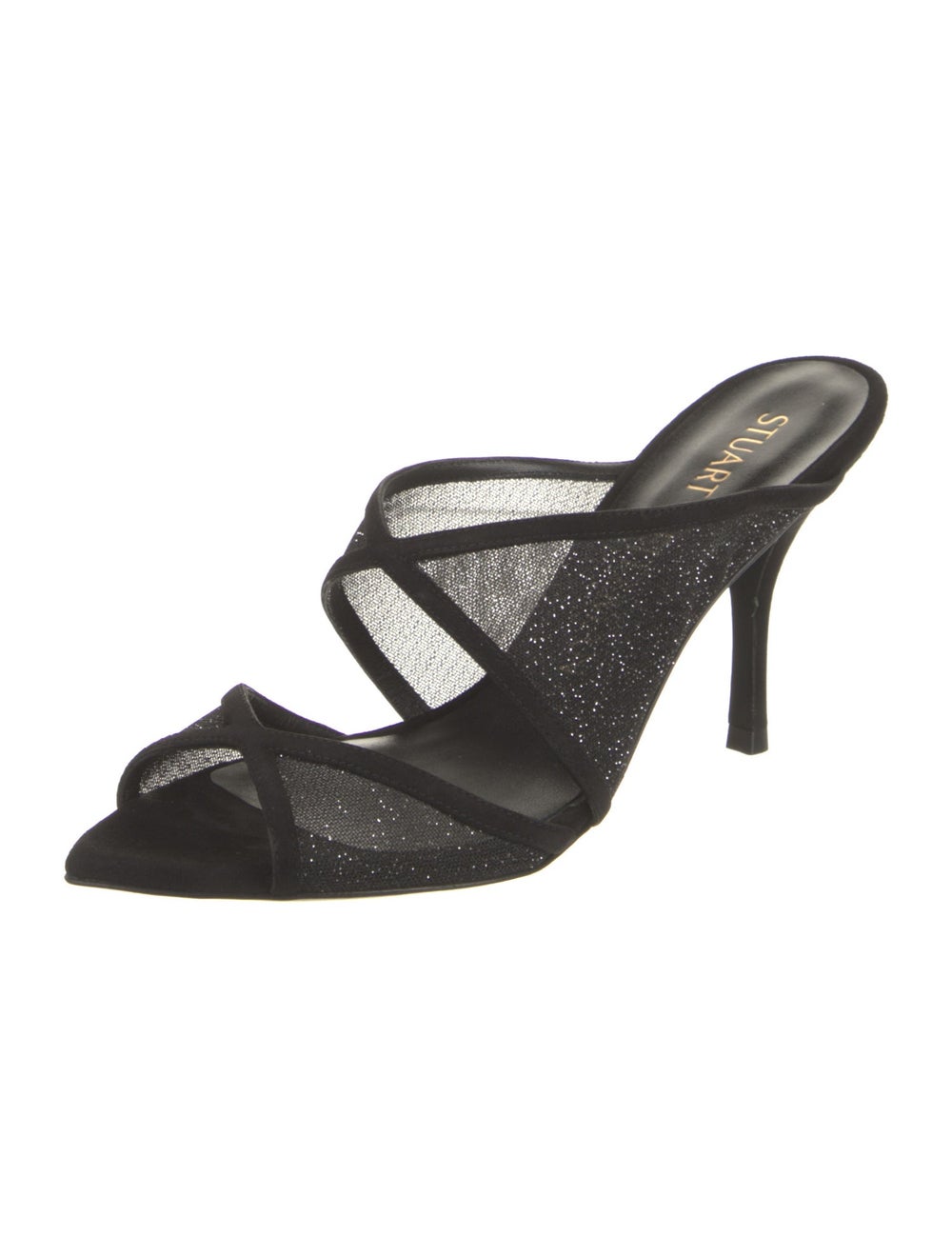 Stuart Weitzman Lace Slides Black & Metallic Sued… - image 2