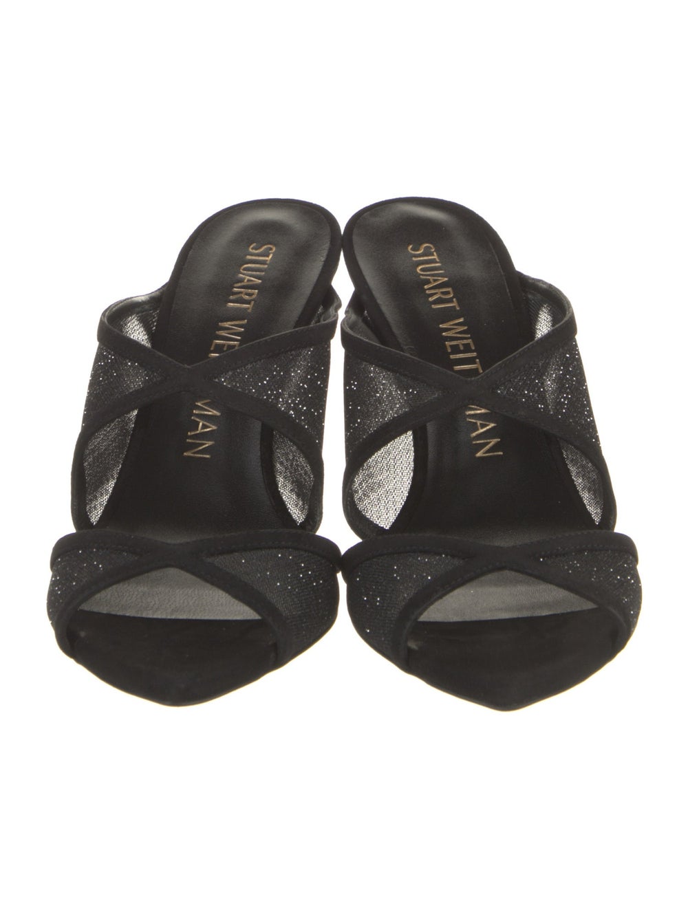 Stuart Weitzman Lace Slides Black & Metallic Sued… - image 3