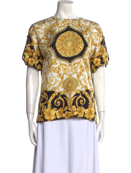 Versace Silk T-Shirt Yellow Medusa Insignia & Bar… - image 1