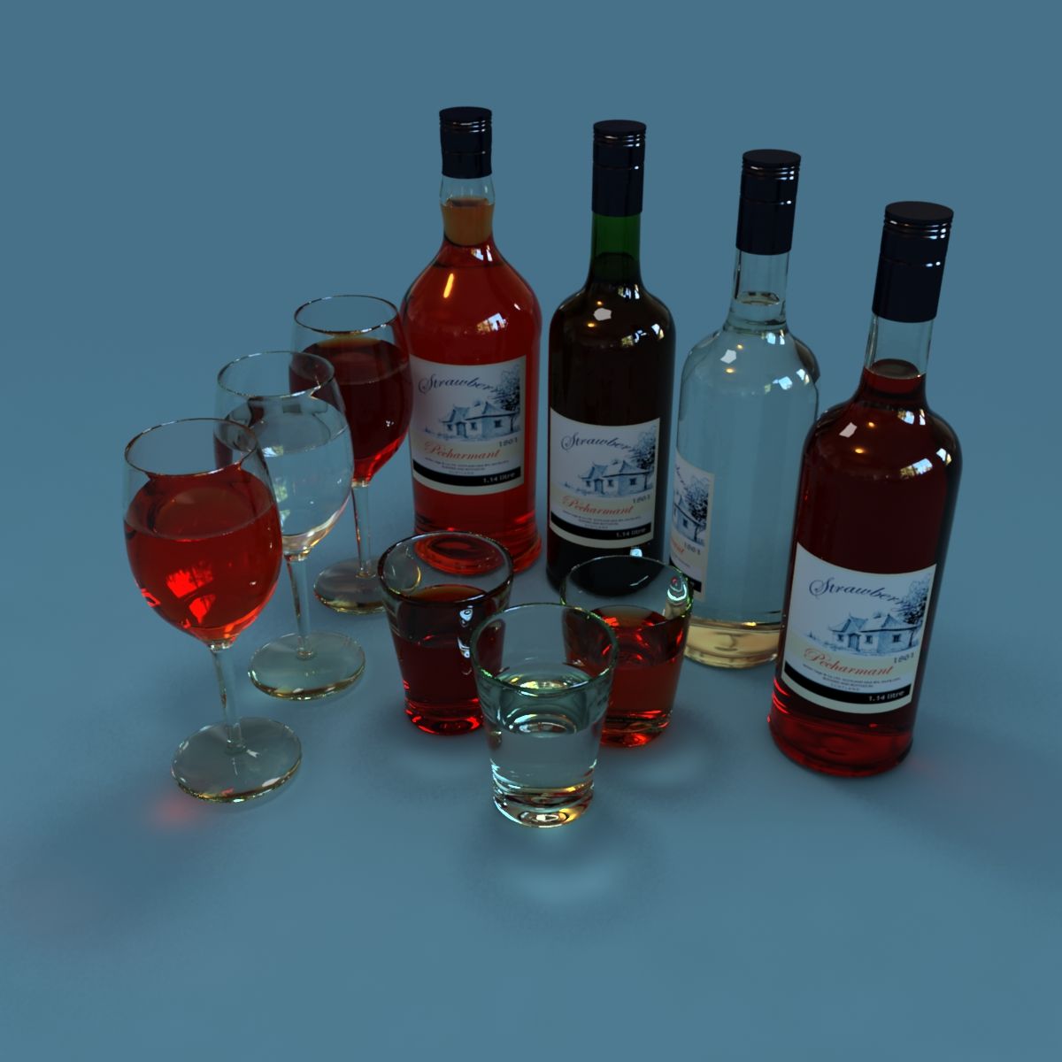 Wine Bottle and Wineglass 3d model