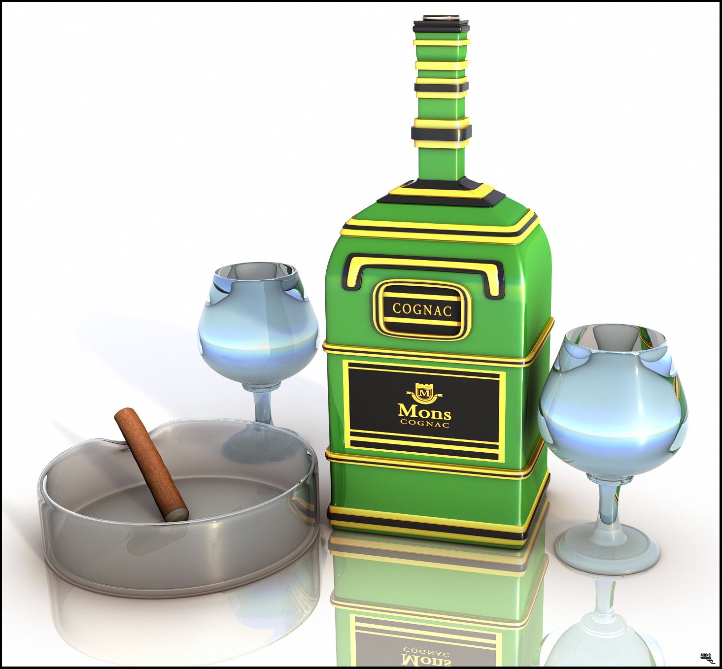 Cognac-Flasche und Gläser 3d model