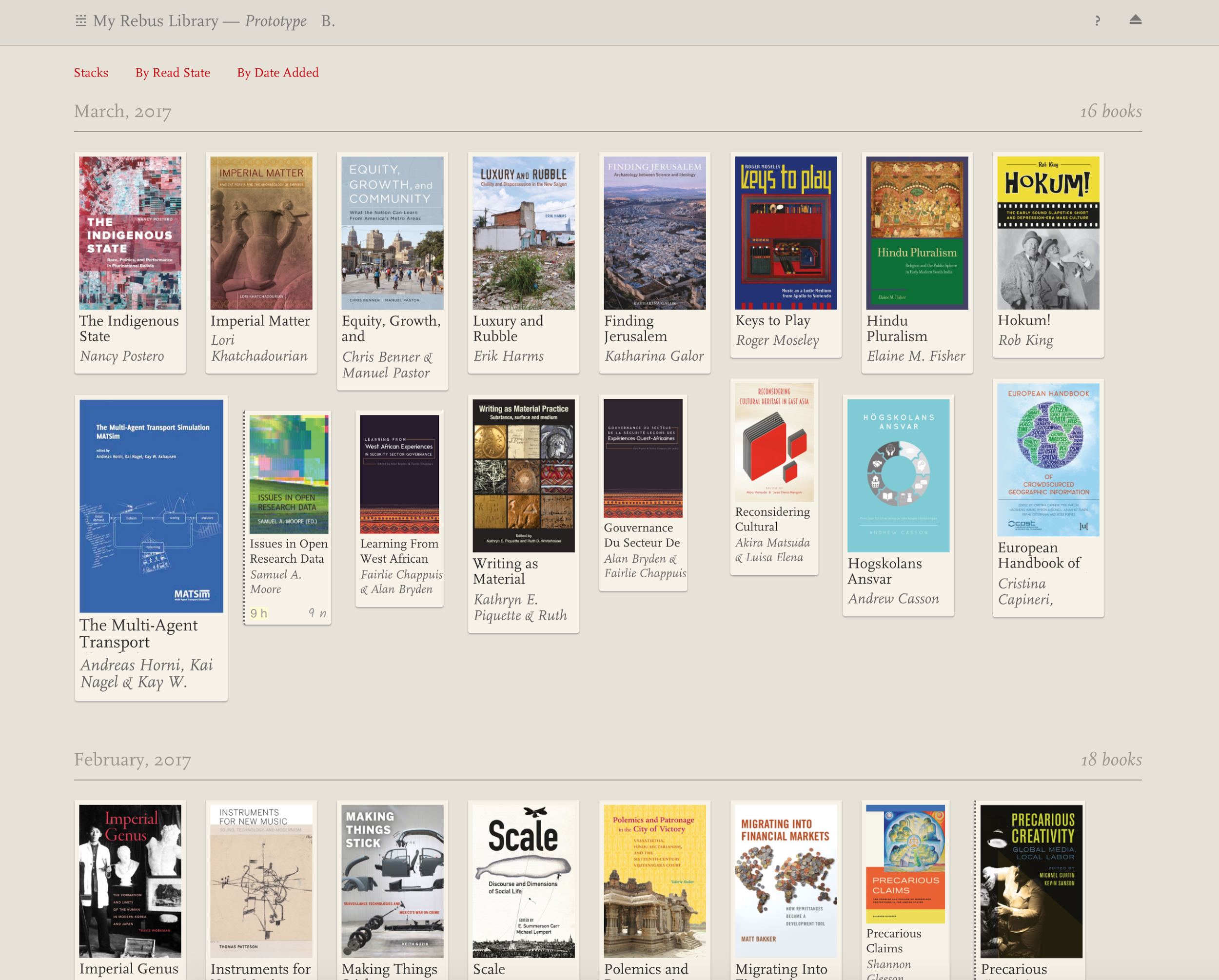 This image shows the Library Overview view showing the books in a users collection. Items are displayed as book cover thumbnails, sorted by date added. The collection can also be sorted by read state or by stacks.