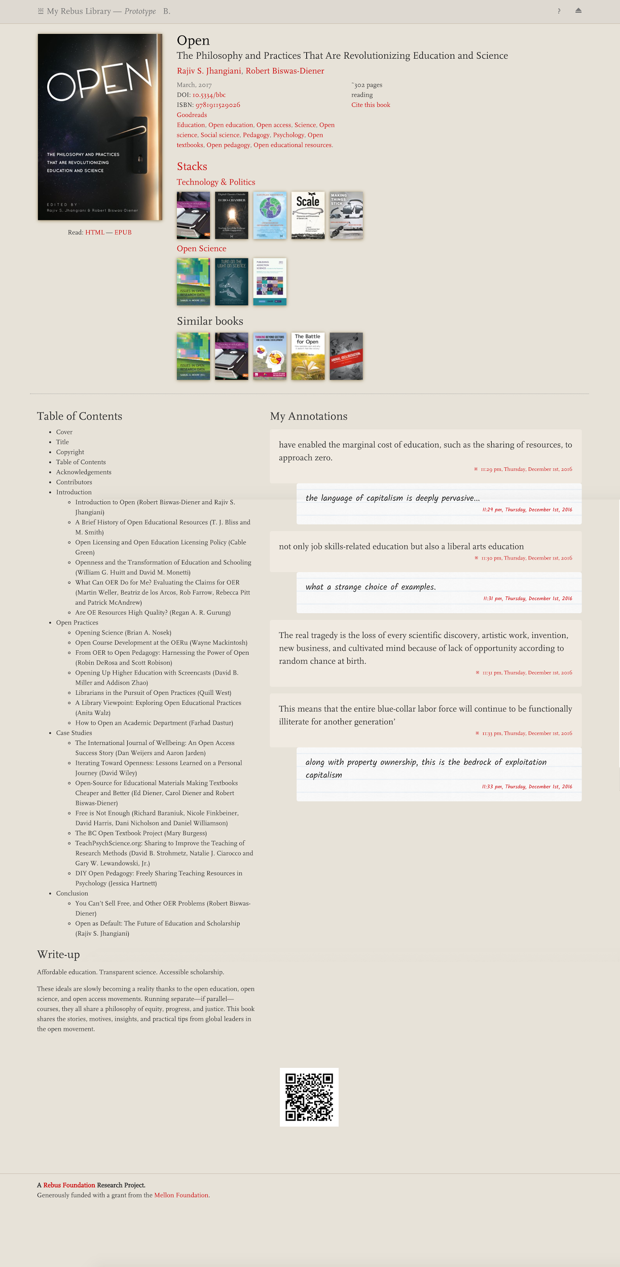 This is the individual book detail view. The book cover is at the top left, with the basic book information (title, author, etc) on the right. Below, is a list of the stacks in which this book is contained, and other books in these stacks. Further below is the book's Table of Contents on the left side, and annotations in the book on the right side.