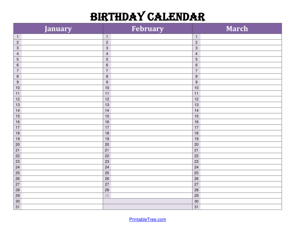 Landscape Birthday Calendar 4 Pages