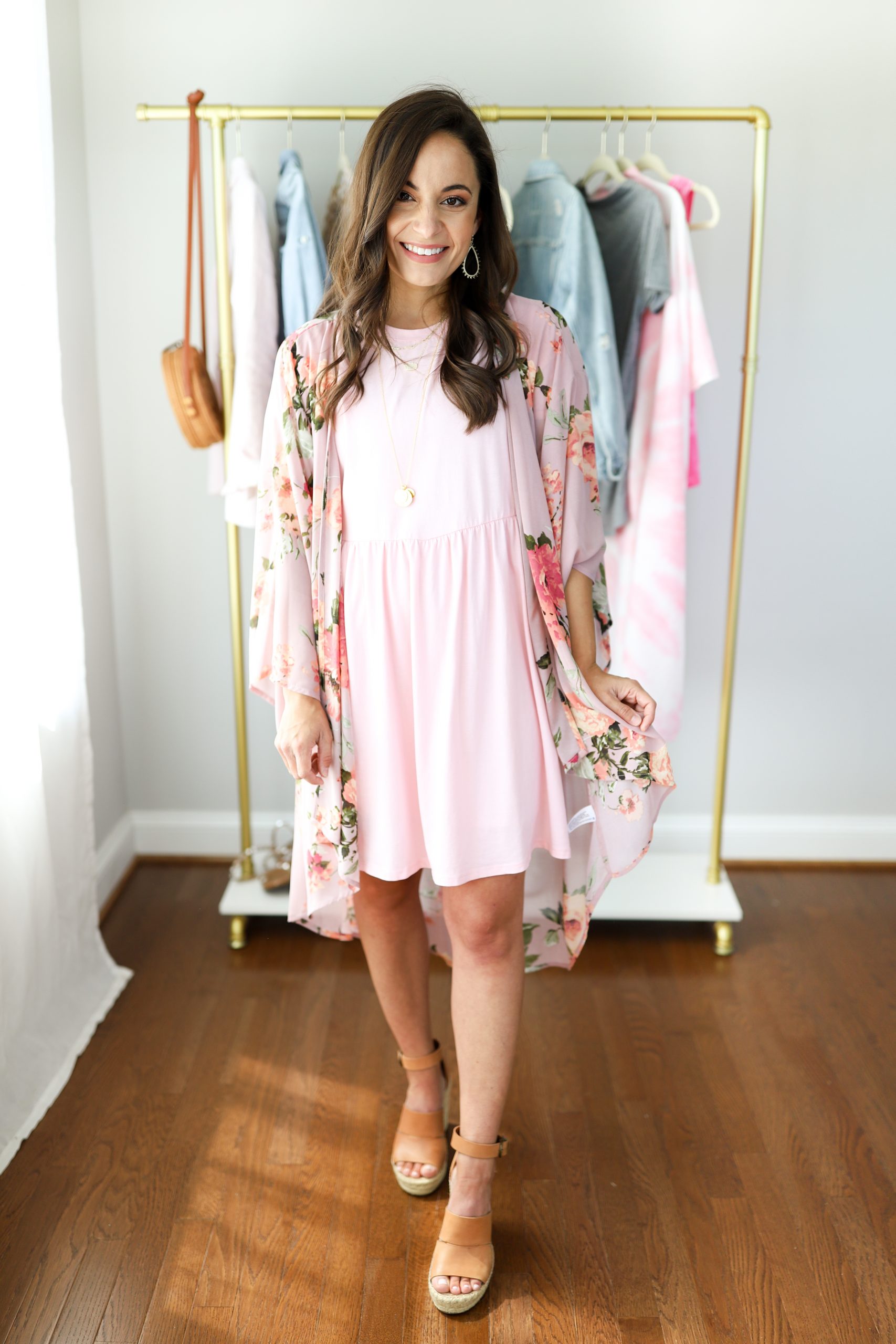 Four ways to wear a basic t-shirt dress via pumps and push-ups blog | petite style blogger | how to style a dress different ways | dress and kimono outfit