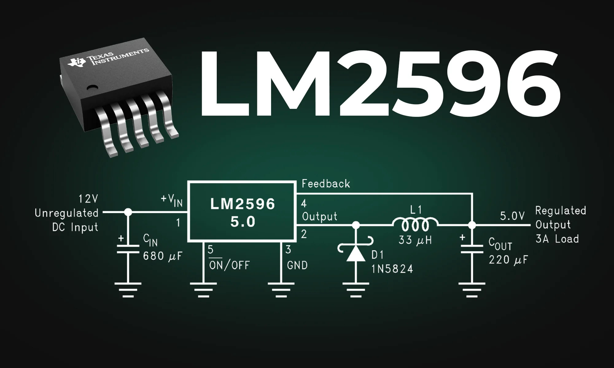 Typical schematic diagram of LM2596 buck converter or step-down converter with its various external components like capacitors, zener diode, and inductor