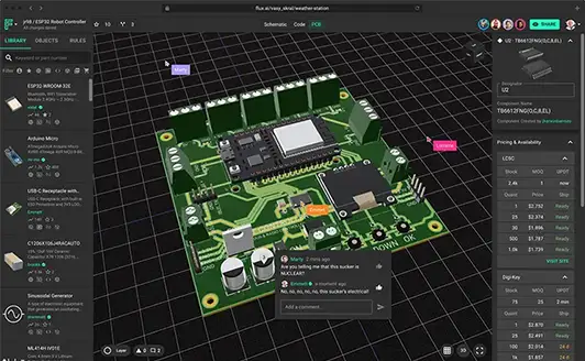 Screenshot of the Flux app showing a PCB in 3D mode with collaborative cursors, a comment thread pinned on the canvas, and live pricing and availability for a part on the board.