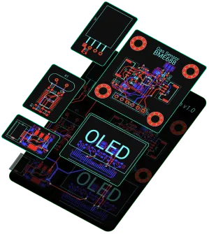 Illustration of sub-layout. Several groups of parts and traces hover above a layout.