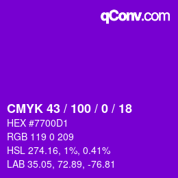 Code couleur: CMYK 43 / 100 / 0 / 18 | qconv.com