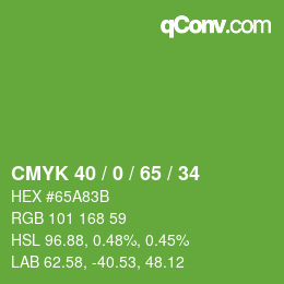 カラーコード: CMYK 40 / 0 / 65 / 34 | qconv.com