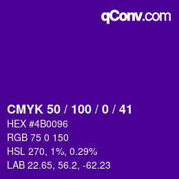 Code couleur: CMYK 50 / 100 / 0 / 41 | qconv.com