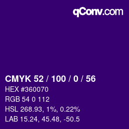 Code couleur: CMYK 52 / 100 / 0 / 56 | qconv.com