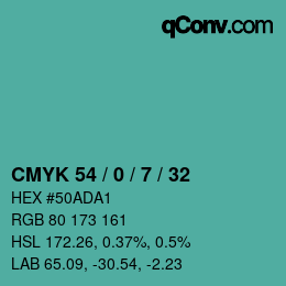 Code couleur: CMYK 54 / 0 / 7 / 32 | qconv.com