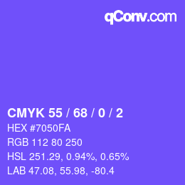 Code couleur: CMYK 55 / 68 / 0 / 2 | qconv.com