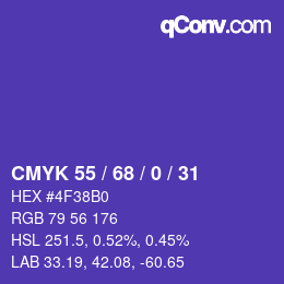 Farbcode: CMYK 55 / 68 / 0 / 31 | qconv.com