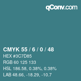 Code couleur: CMYK 55 / 6 / 0 / 48 | qconv.com