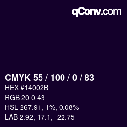 Code couleur: CMYK 55 / 100 / 0 / 83 | qconv.com