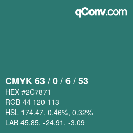 Farbcode: CMYK 63 / 0 / 6 / 53 | qconv.com