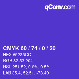 Farbcode: CMYK 60 / 74 / 0 / 20 | qconv.com