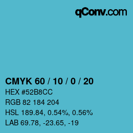 カラーコード: CMYK 60 / 10 / 0 / 20 | qconv.com