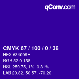 Farbcode: CMYK 67 / 100 / 0 / 38 | qconv.com