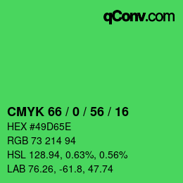 Code couleur: CMYK 66 / 0 / 56 / 16 | qconv.com