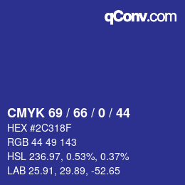 Code couleur: CMYK 69 / 66 / 0 / 44 | qconv.com