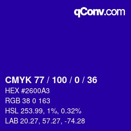 カラーコード: CMYK 77 / 100 / 0 / 36 | qconv.com