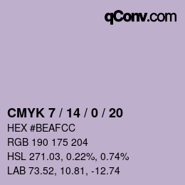 Code couleur: CMYK 7 / 14 / 0 / 20 | qconv.com