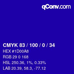 カラーコード: CMYK 83 / 100 / 0 / 34 | qconv.com