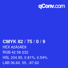 カラーコード: CMYK 82 / 75 / 0 / 9 | qconv.com