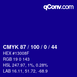 カラーコード: CMYK 87 / 100 / 0 / 44 | qconv.com