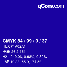 Code couleur: CMYK 84 / 99 / 0 / 37 | qconv.com