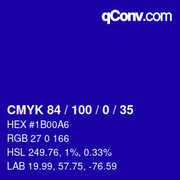 Code couleur: CMYK 84 / 100 / 0 / 35 | qconv.com