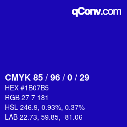 Code couleur: CMYK 85 / 96 / 0 / 29 | qconv.com