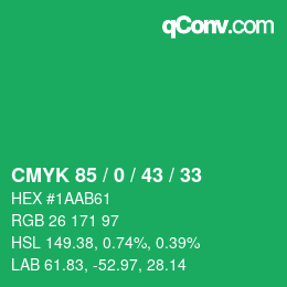 Code couleur: CMYK 85 / 0 / 43 / 33 | qconv.com