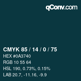 Code couleur: CMYK 85 / 14 / 0 / 75 | qconv.com